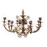 A small Aesthetic period gilt brass and enamel nine-pan chandelier, attributable to Elkington & Co.