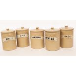Five 21cm Bourne Denby creamware storage jars with covers, each with white ribbon names, Barley,