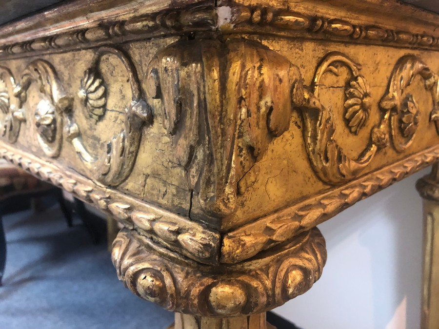An Italian 18th Century giltwood console table, probably Rome, with later veined green marble top, - Image 6 of 6