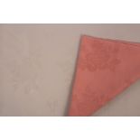 Five grey tablecloths, 440cm x 196cm and thirty-four pink napkins,