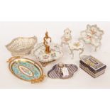 An early 20th Century Dresden inkstand, a gilt metal mounted tray, a sweetmeat dish, a basket,