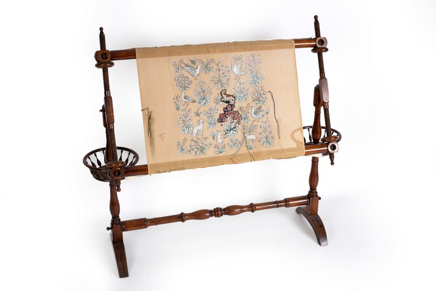 A stained beech tapestry loom with turned upright and spindle turned thread basket to each support, - Image 2 of 2