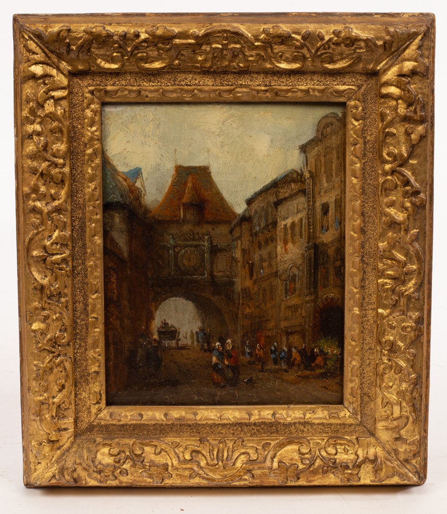 Early 19th Century Flemish School/Street Scene/clock tower above an arch, figures, a carriage etc. - Image 2 of 2