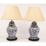 A pair of Chinese style blue and white lamps,