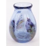 A bulbous blue glass studio vase, clear and crackle glaze with mottled coloured decoration,