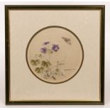 Three Oriental silk embroideries depicting insects and flowering plants, tondo,
