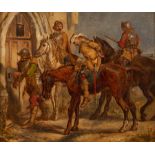 19th Century Continental School/Soldiers with a Mounted Captive/initialled lower right/oil on panel,