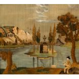 A French embroidered and silkwork picture, circa 1800, depicting a fisherman by a lake,