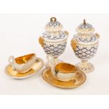 A pair of 19th Century porcelain urns and covers, decorated blue trellis designs,