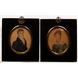 Regency School/Portrait Miniatures of a Gentleman and Wife/he wearing a blue coat and she wearing a