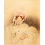 Mid 19th Century English School/Portrait of a Lady/half-length, wearing a pink bonnet,