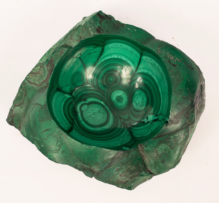 A large malachite bowl, natural stone with polished interior, maximum size 30cm x 28cm, 13cm high, - Image 2 of 2