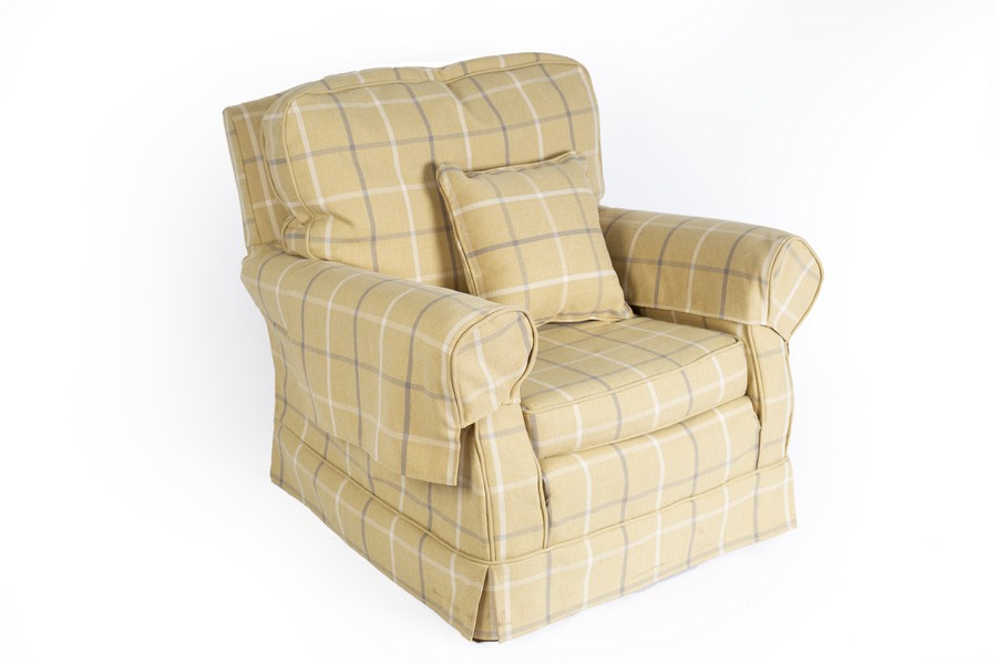 A square framed armchair upholstered in ochre ground check fabric CONDITION REPORT: