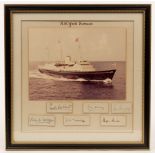 A photograph of H M Britannia with attached autographs of crew members, circa 1975,
