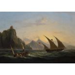 Thomas Luny (1759-1837)/Maltese Xebec and other shipping below a rocky headland/volcanoes in the