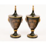 A pair of Neoclassical style toleware urns and covers,