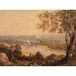 19th Century English School/River Landscape with Distant Town/signature partially hidden beneath