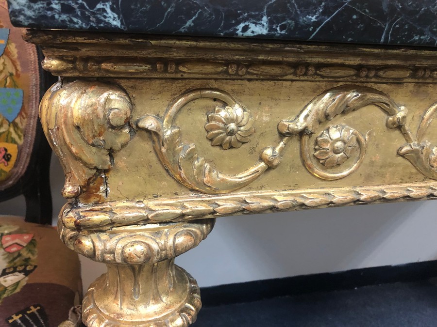 An Italian 18th Century giltwood console table, probably Rome, with later veined green marble top, - Image 2 of 6