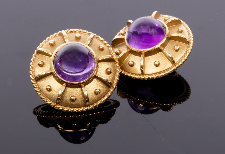 Kiki McDonough, a pair of amethyst and 18ct gold shield shaped earrings,