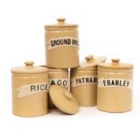 Five 14cm Bourne Denby creamware storage jars and covers, each with white ribbon names for Rice,