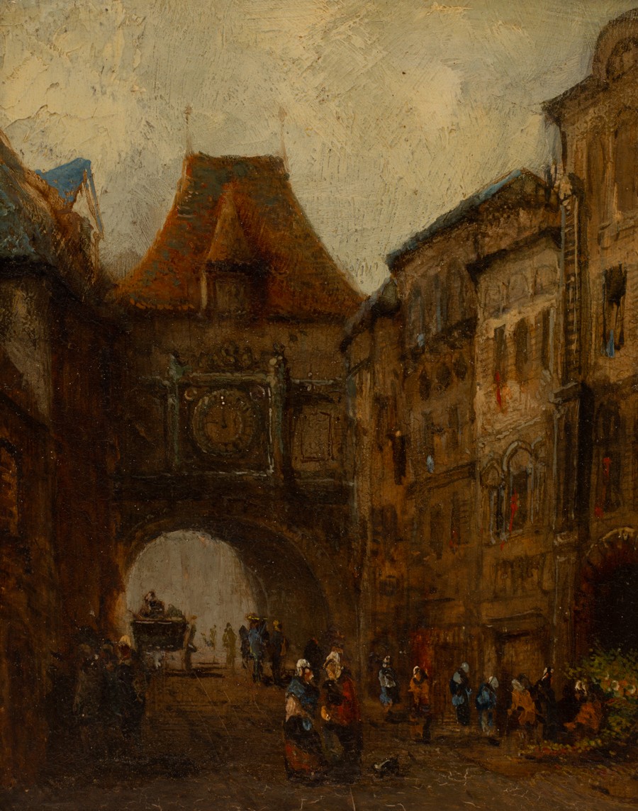 Early 19th Century Flemish School/Street Scene/clock tower above an arch, figures, a carriage etc.
