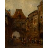 Early 19th Century Flemish School/Street Scene/clock tower above an arch, figures, a carriage etc.