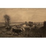 After Constant Troyon/Cattle with Cowherd in a Landscape/black and white engraving,