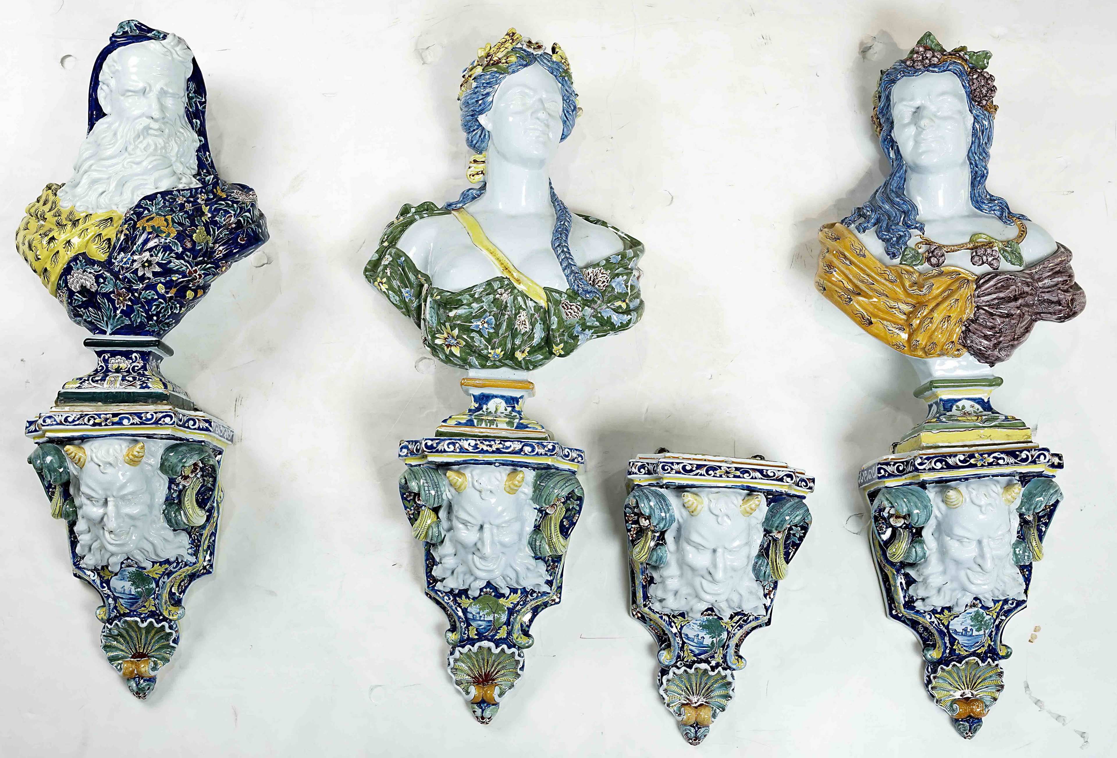 (lot of 4) A group of Samson tin glazed earthenware busts of the Four Seasons circa 1880