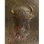 Hammered copper clad plaque of horned bull