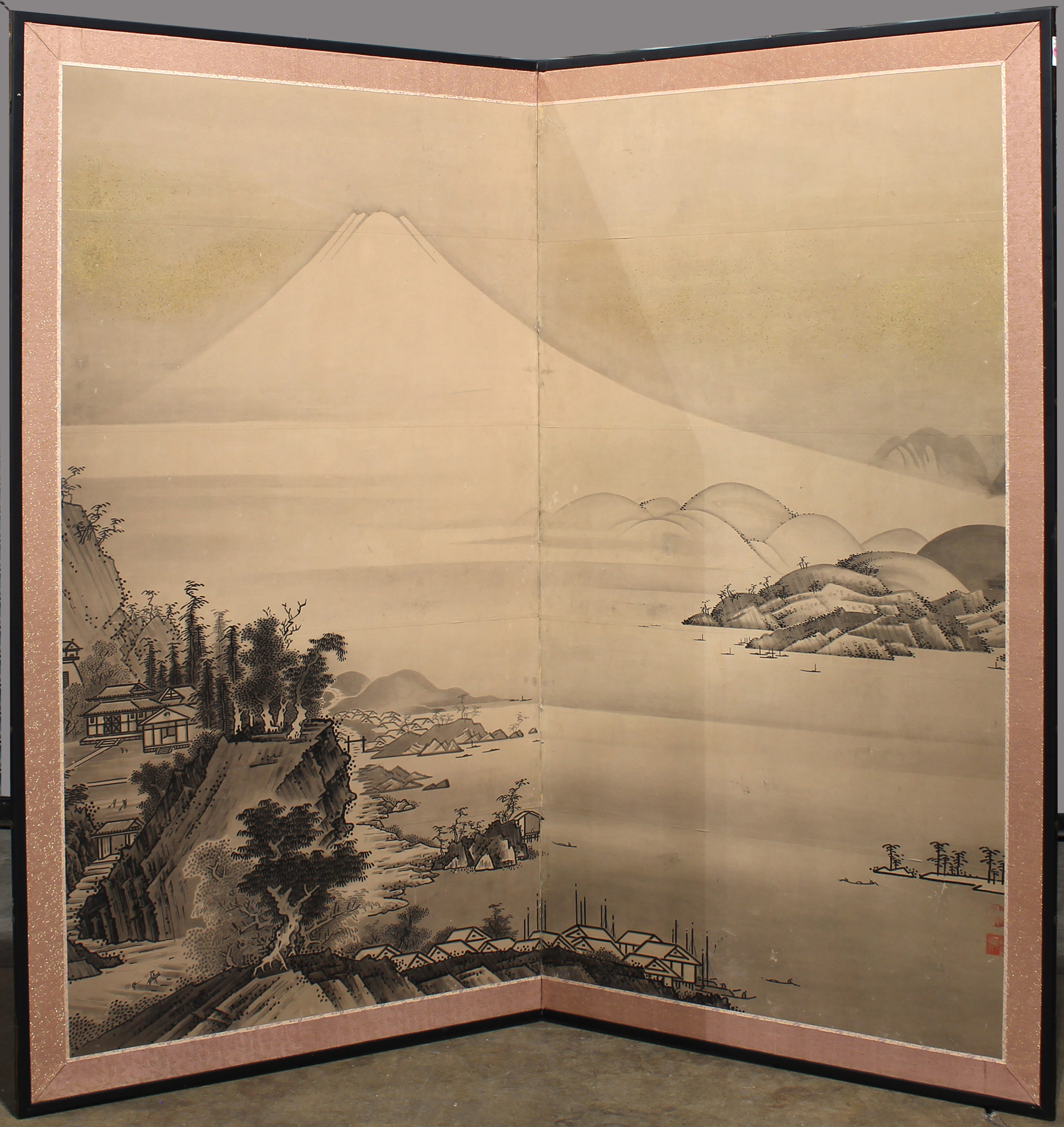 Japanese Mt Fuji screen, after Soga Shochaku