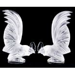 A pair of Lalique, France, frosted glass figural sculptures of roosters