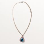 A blue topaz, pink tourmaline and eighteen karat white gold pendant necklace