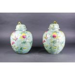 A pair of Chinese Famille Rose turquoise ground jars