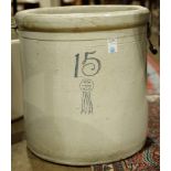 A 15 gallon Blue Ribbon Brand crock