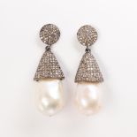 A pair of South Sea pearl, diamond and sterling silver earrings