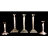 A (lot of 5) English Sheffield plate or sterling silver candlesticks