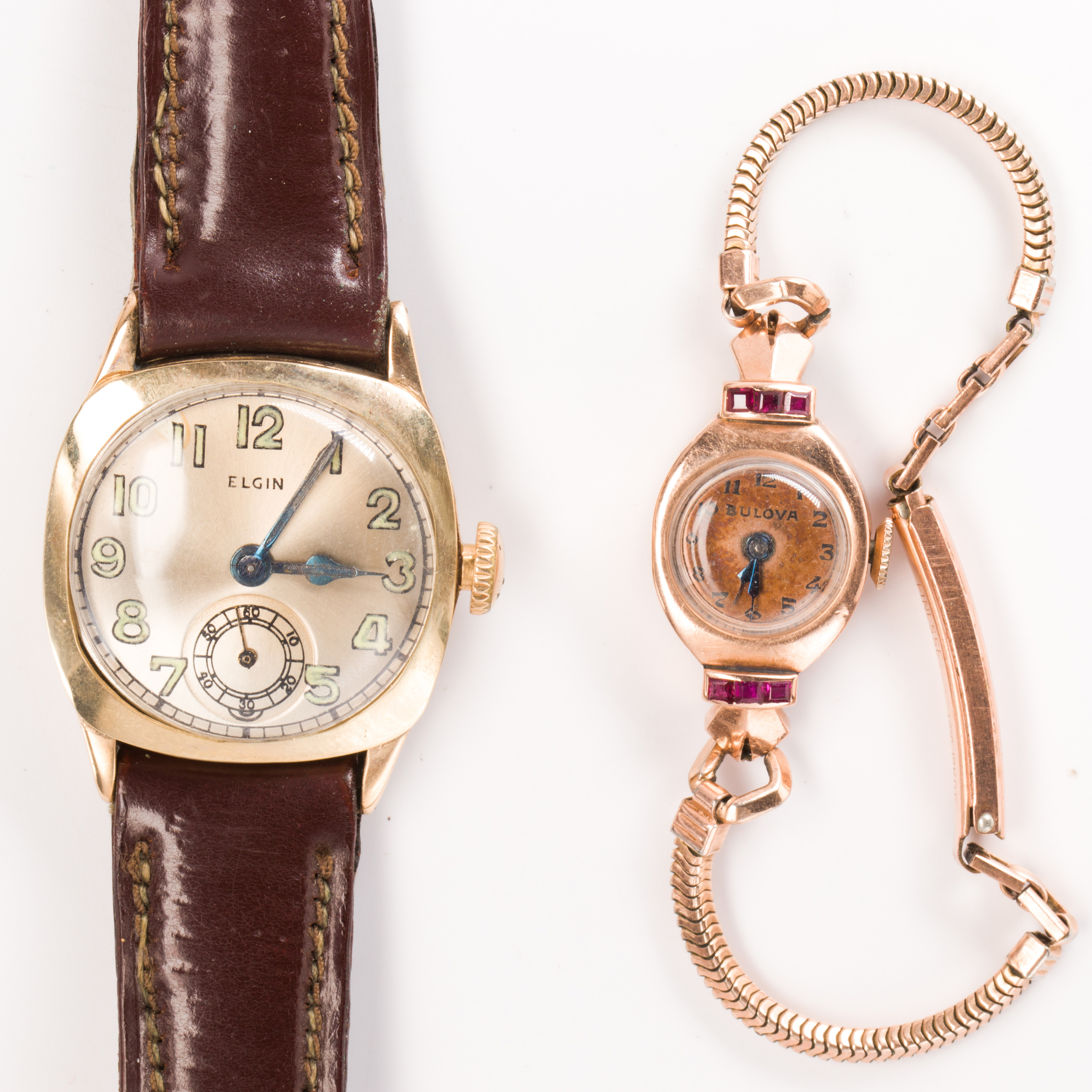 A group of fourteen karat gold wristwatches, Bulova & Elgin