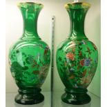 Pair of Bohemian style green glass vases