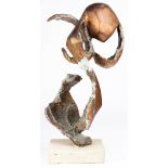 A patinated metal Brutalist sculpture on stand, 17"h