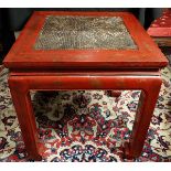 Chinese red lacquered rattan top mounted square table