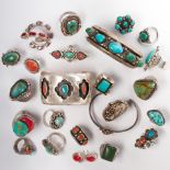 A group of American Southwest turquoise and coral silver jewelry, incl. Native American