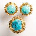 A group of turquoise and fourteen karat gold jewelry