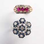 A group of sapphire, ruby, diamond and fourteen karat gold rings