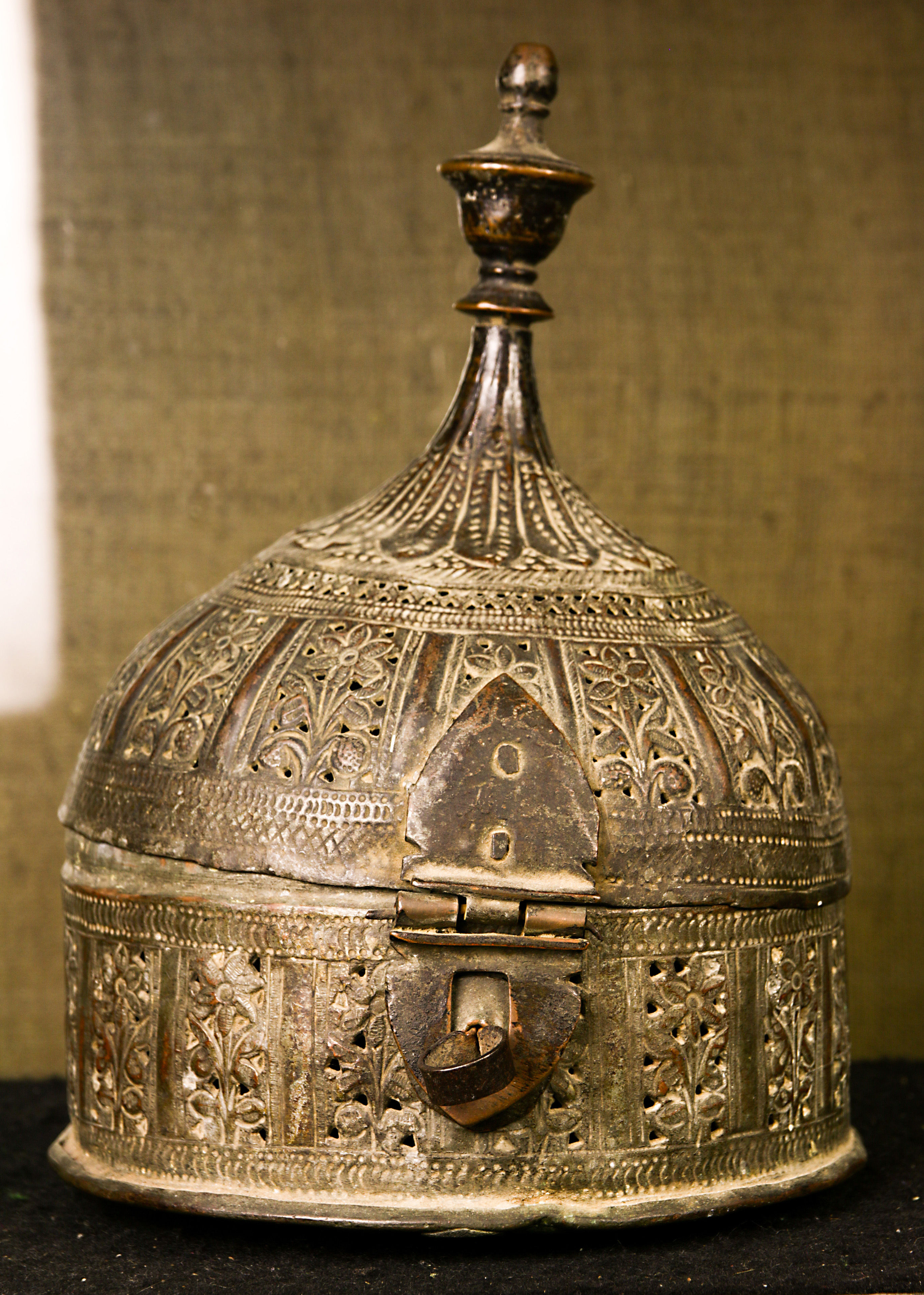 Persian reticulated brazier fashioned in the form of a minaret