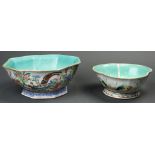 (lot of 2) Chinese Famille Rose and turquoise glaze pedestal bowls