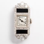 An Art Deco diamond, enamel and platinum watch