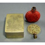 (lot of 3) Chinese cinnabar snuff bottle; lamp finial & box