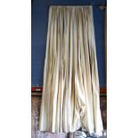 A set of drapes in striped upholstery, and tie-backs with tassels and additional hardware