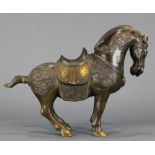Chinese Tang style bronze clad horse with gilt carpison