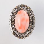A coral, diamond and blackened sterling silver ring